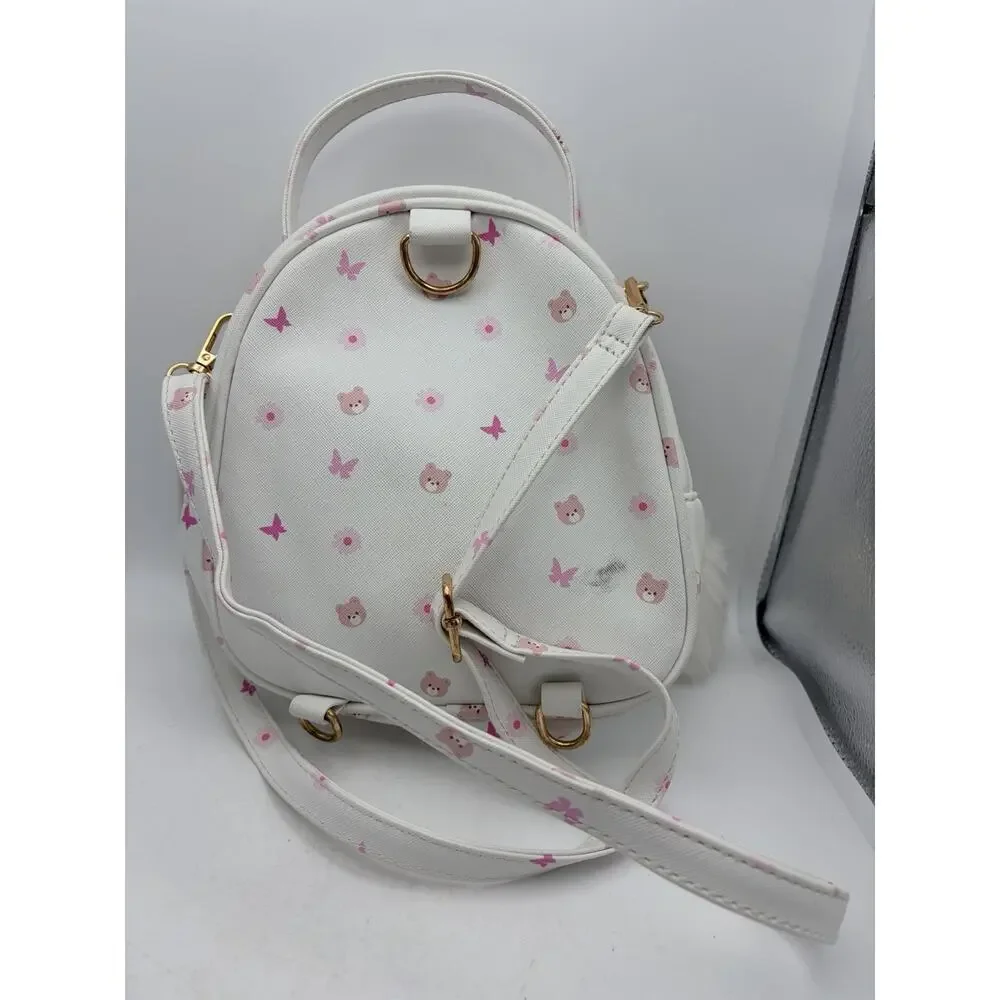 UNDER ONE SKY Mini Backpack Purse White Pink Bear Print Bow Bag Charm